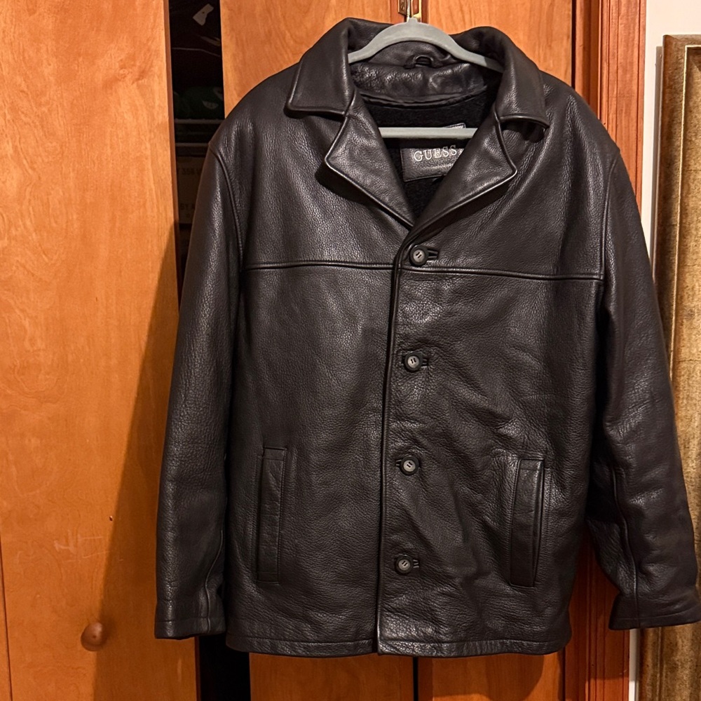 GUESS Men's Black Genuine Leather Jacket 2 pieces Large
